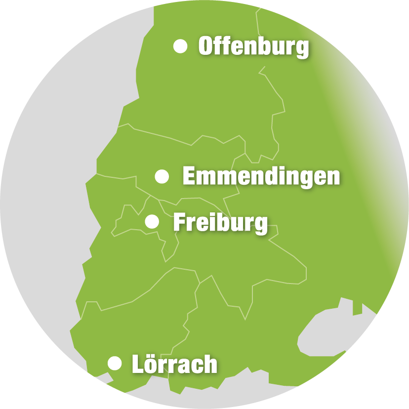 Einsatzgebiet von Breisgau-Aufzüge. Von Offenburg Freiburg bis Lörrach